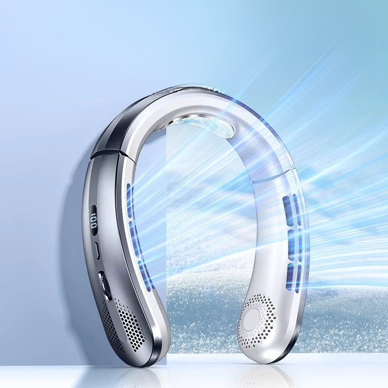 Beat the heat with a portable neck cooling fan. Rechargeable, hands-free, perfect outdoor gear.