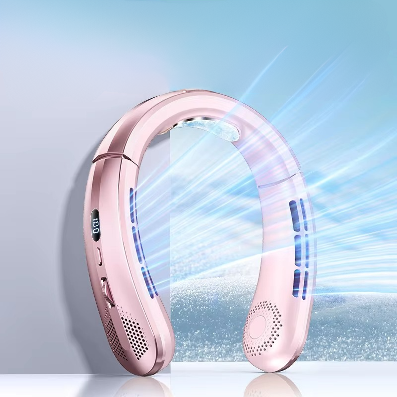 Unisex rechargeable neck fan, leafless design, personal cooling, summer heat relief, outdoor essential.