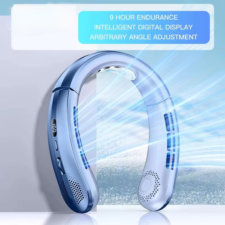 Wearable neck cooling fan, hands-free, lightweight, ideal for outdoor gear & summer heat relief.
