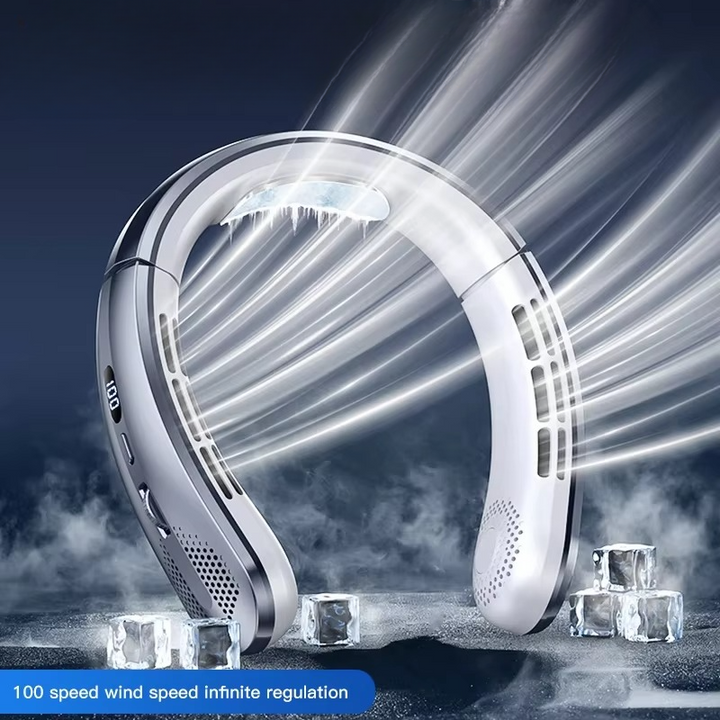 Rechargeable neck fan, leafless design, unisex, provides instant cooling & heat relief on the go.