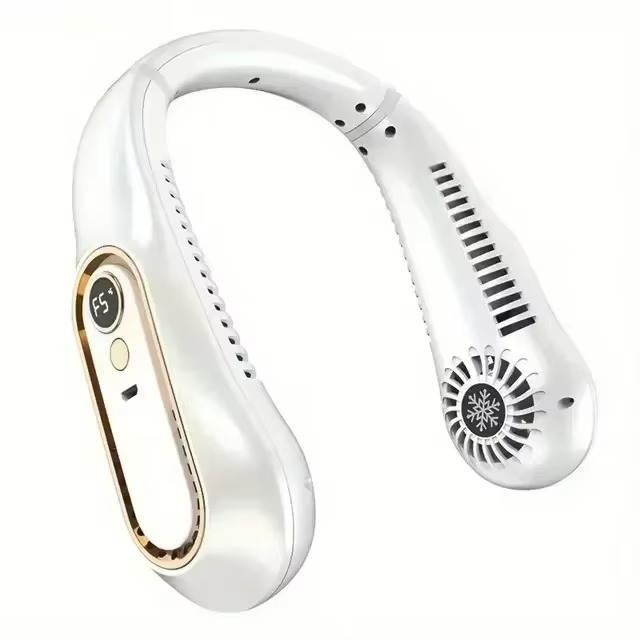 Stay cool with this portable neck fan. Rechargeable, hands-free, essential for summer heat relief.