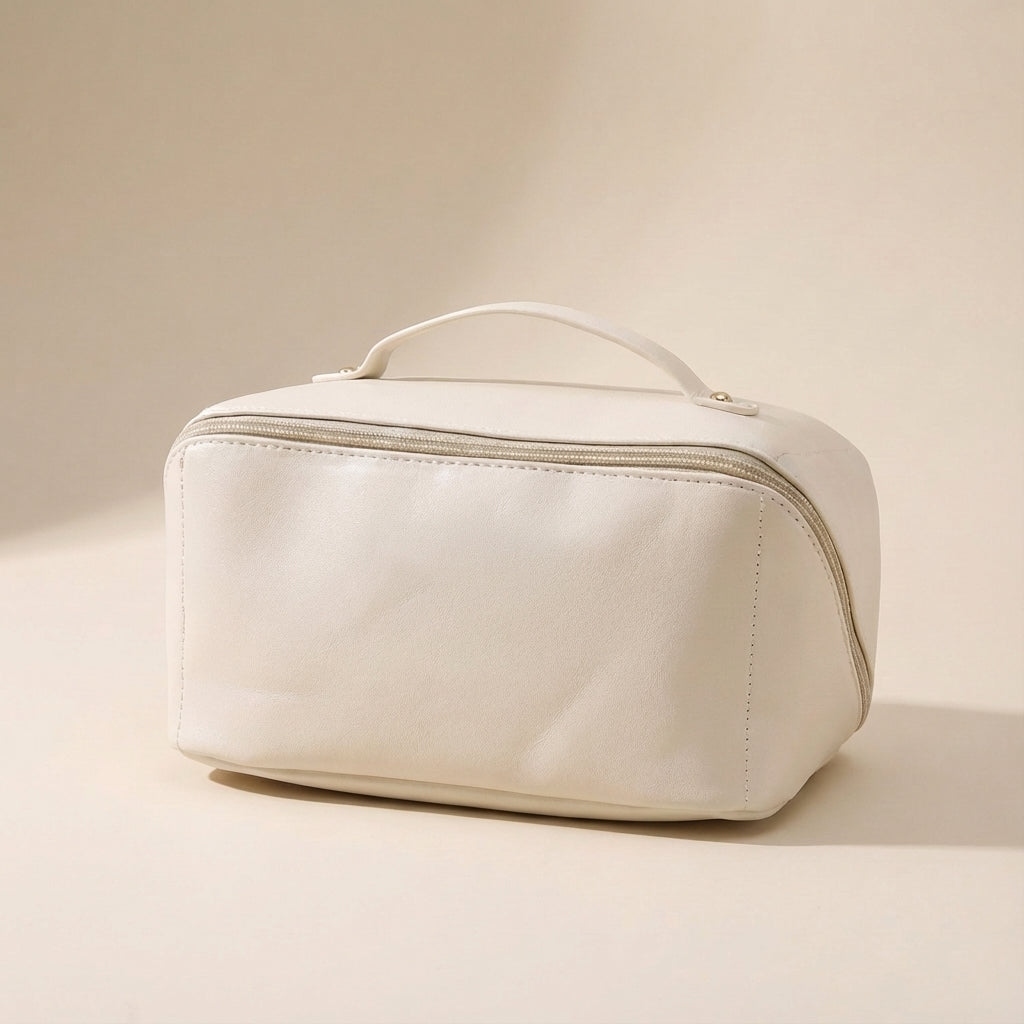 Spacious unisex square travel makeup organizer & cosmetic bag. Perfect for elegant beauty storage.