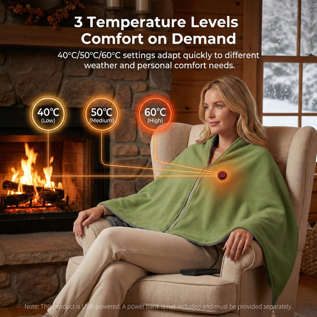 Person wrapped in a portable USB heated electric blanket, enjoying cozy warmth outdoors