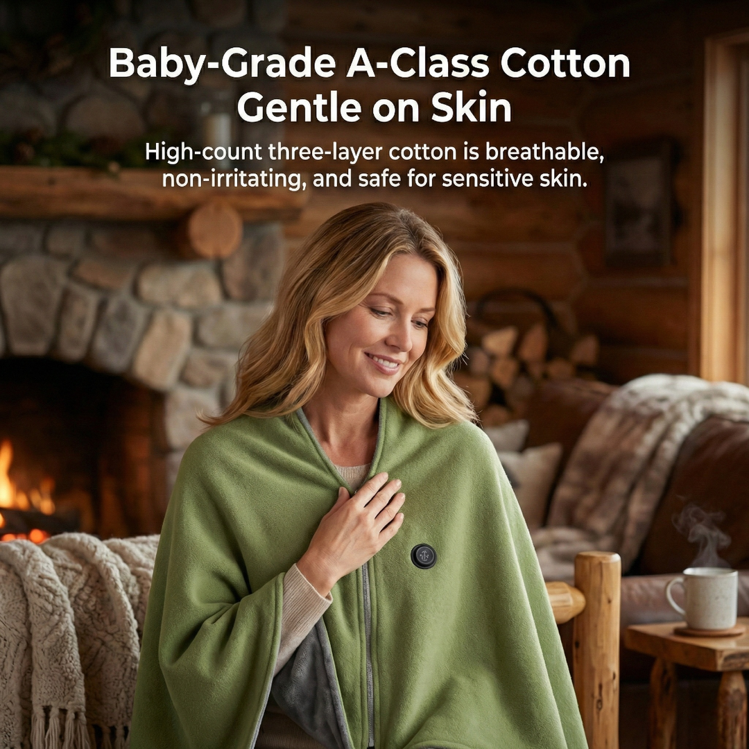 USB heated electric shawl blanket plugged into a power bank, highlighting its portability for travel