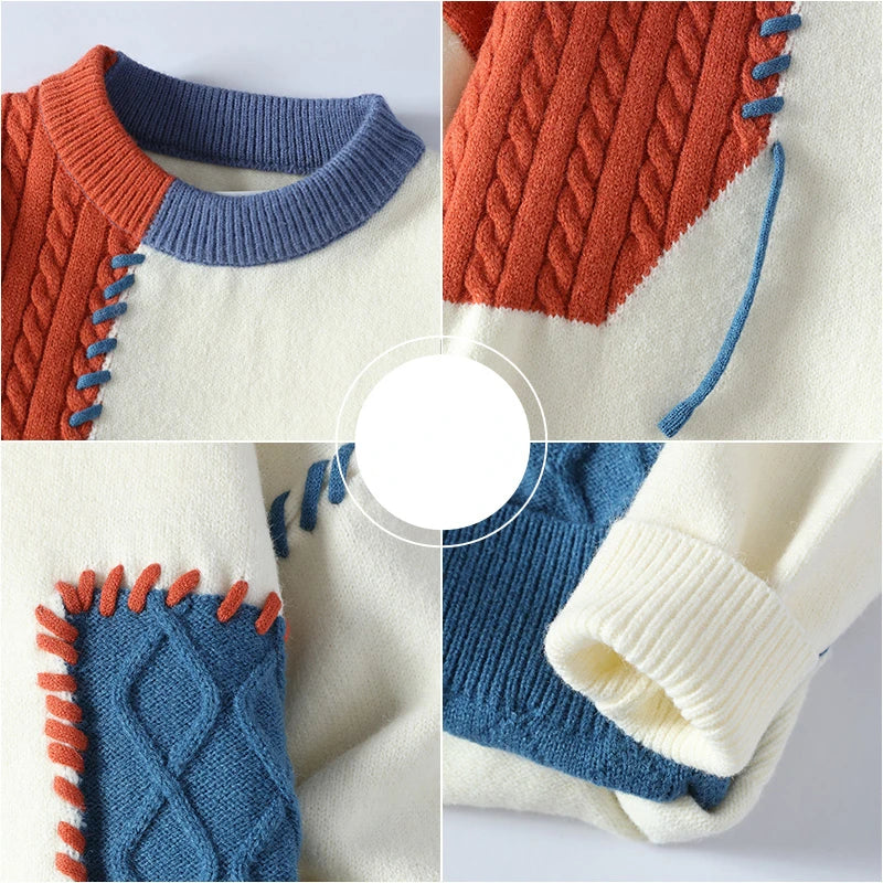 Stylish unisex knitted sweater with vibrant, eye-catching patterns; a textured premium knit for casual fashion.