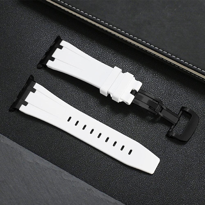 Gray premium silicone smartwatch strap with titanium clasp, durable & stylish.