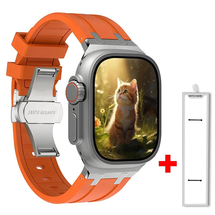 Vibrant orange silicone watch band, a premium smartwatch accessory with secure clasp.