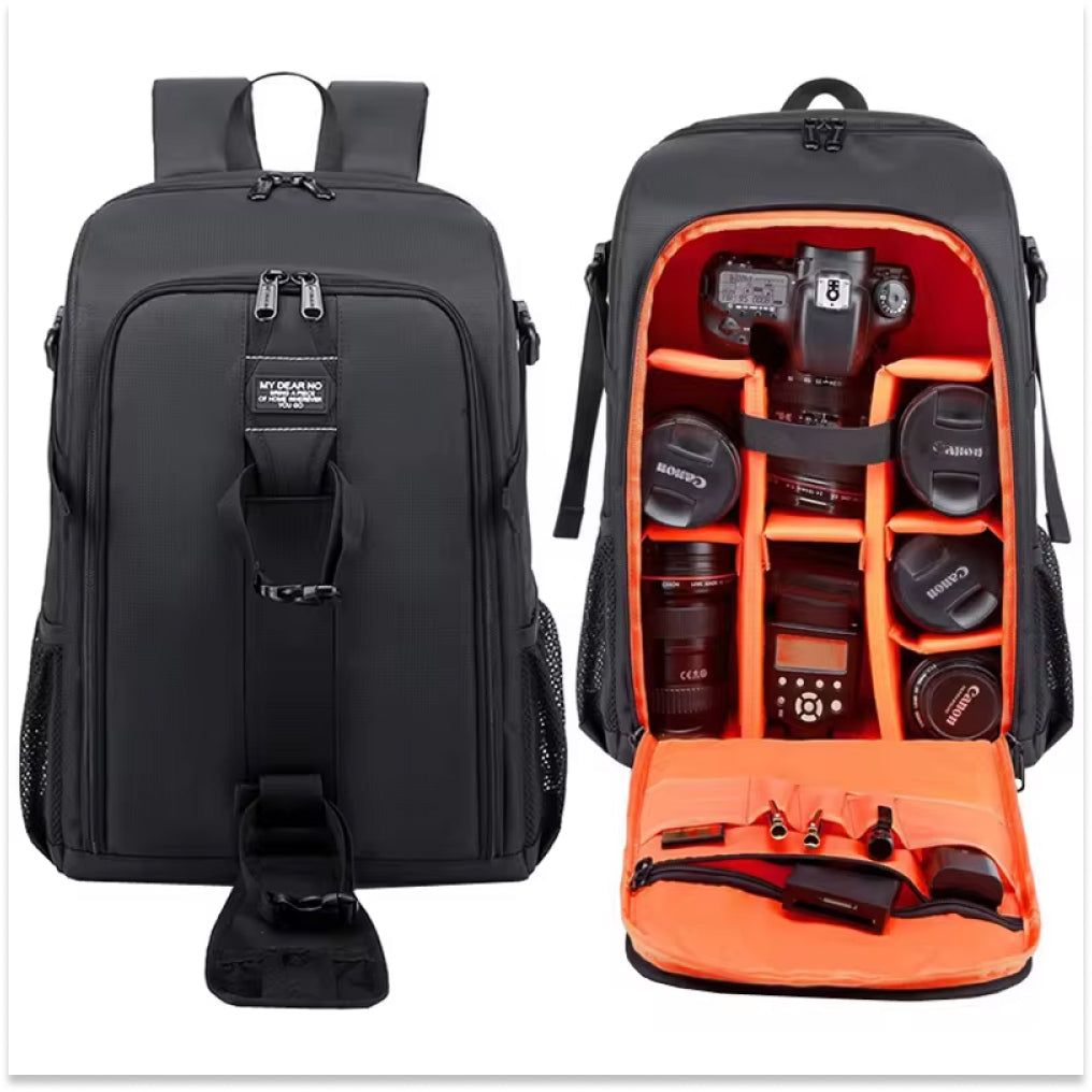 Side view of unisex waterproof camera backpack, showing multiple pockets for photography accessories & DSLR gear.