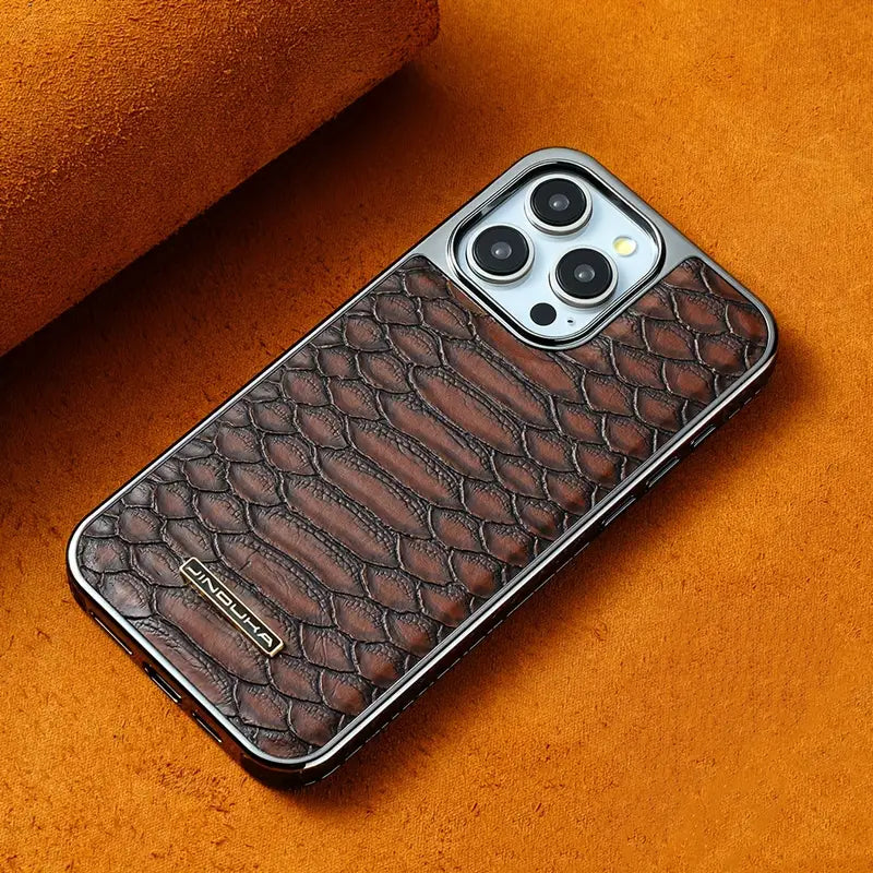 Sleek black python textured iPhone case, premium phone protection with aluminum frame.