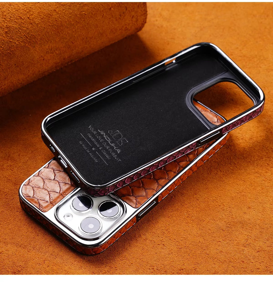 Vibrant red python textured iPhone case, luxury cover with robust phone protection.