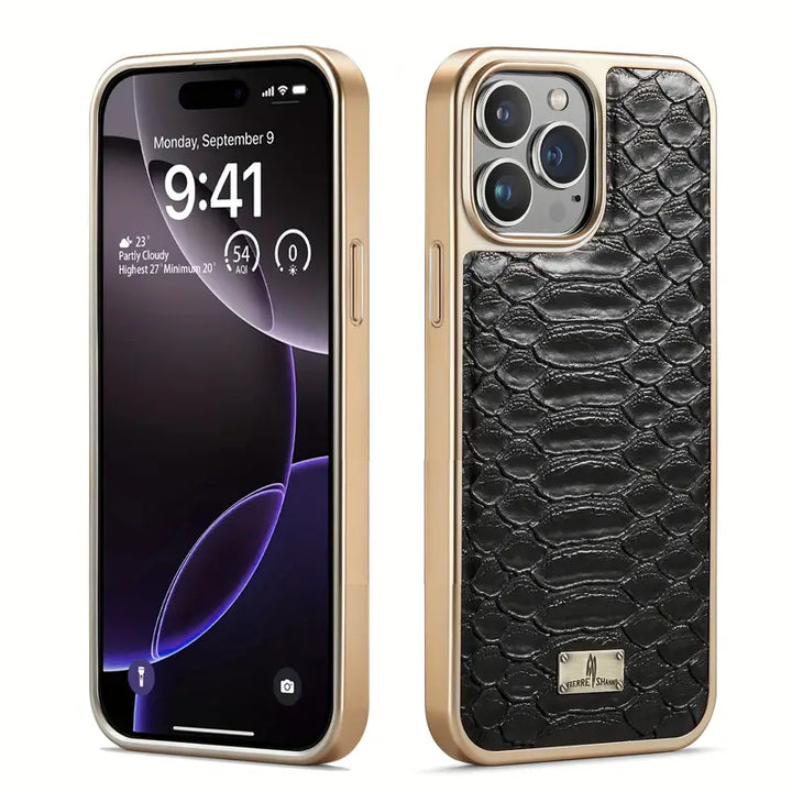 Premium unisex python textured iPhone case, luxury accessory for comprehensive protection.
