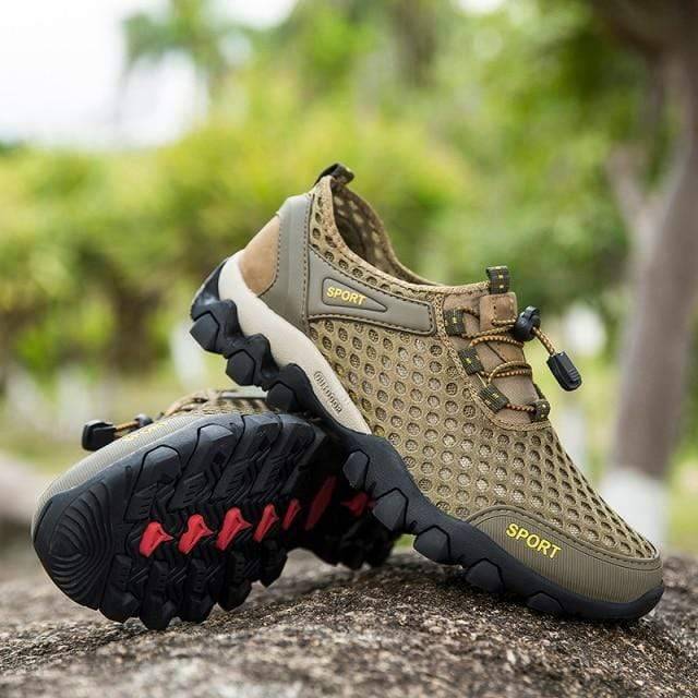 Unisex hiking footwear: quick-dry aqua trekking shoes in a vibrant blue color, side view