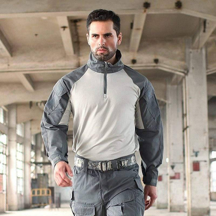 Close-up of the quarter-zip and collar on the Unisex Rapid Assault Combat Shirt, ideal for survivalists