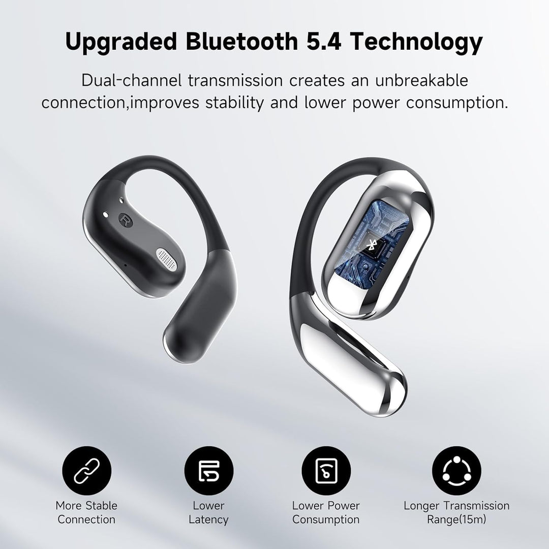 Pair of smart AI translator earbuds, unisex, enabling real-time language translation for travel & global communication.