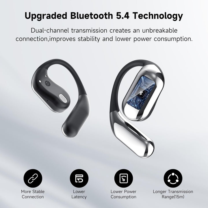 Pair of smart AI translator earbuds, unisex, enabling real-time language translation for travel & global communication.