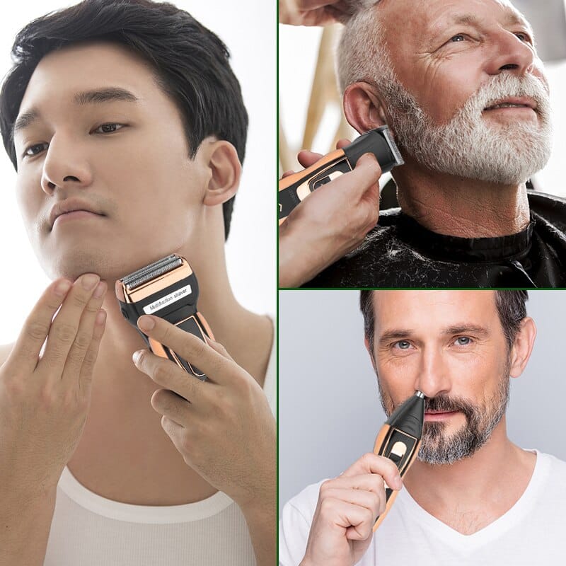 Portable unisex rechargeable grooming kit featuring an electric shaver, beard trimmer, and nose trimmer.