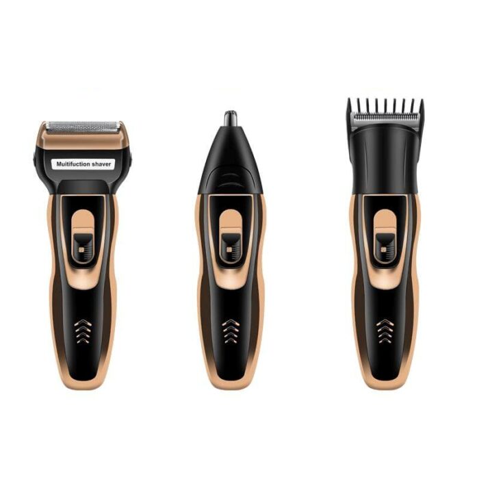 Multi-functional grooming kit for men and women: rechargeable electric shaver, beard trimmer, and nose trimmer.