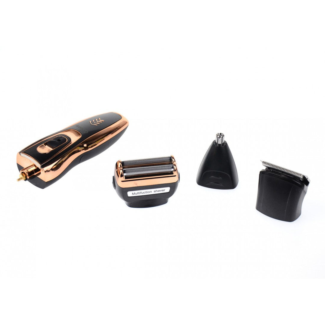 Stainless steel electric shaver, beard trimmer, and nose trimmer in a unisex rechargeable grooming kit.