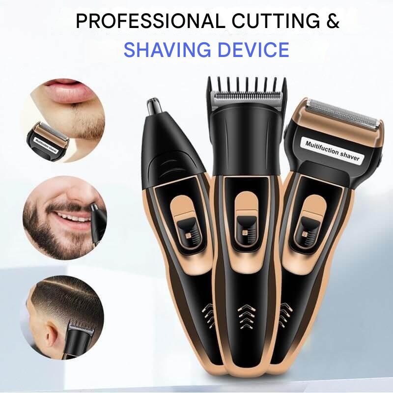 Complete personal care kit: unisex rechargeable electric shaver, precision beard trimmer, and nose hair trimmer.