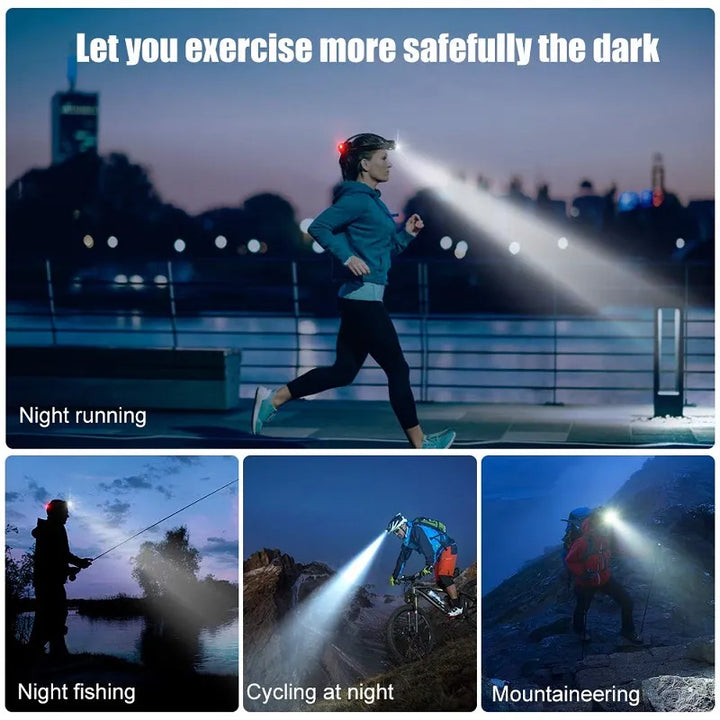 Waterproof zoom LED headlamp, rechargeable, essential outdoor gear for hiking, camping & exploring.