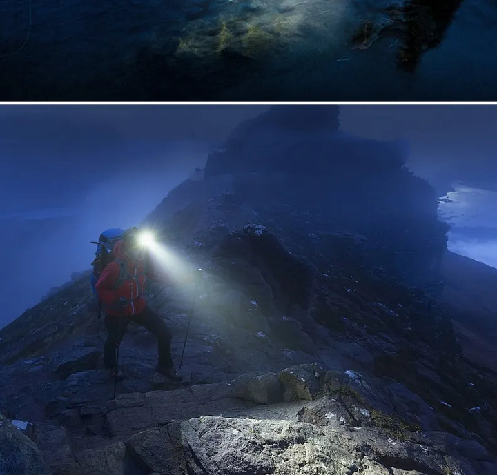 Durable outdoor gear: waterproof rechargeable LED headlamp with zoom for extreme adventures & tasks.