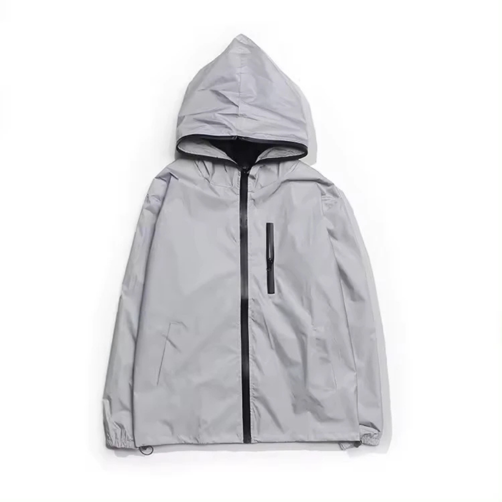 Unisex reflective waterproof rain jacket with hood, ideal for cycling in low light.
