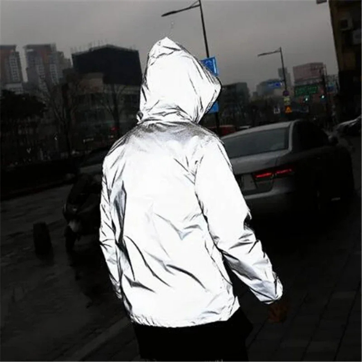 Folded reflective waterproof rain jacket, compact and easy to carry outdoor gear.