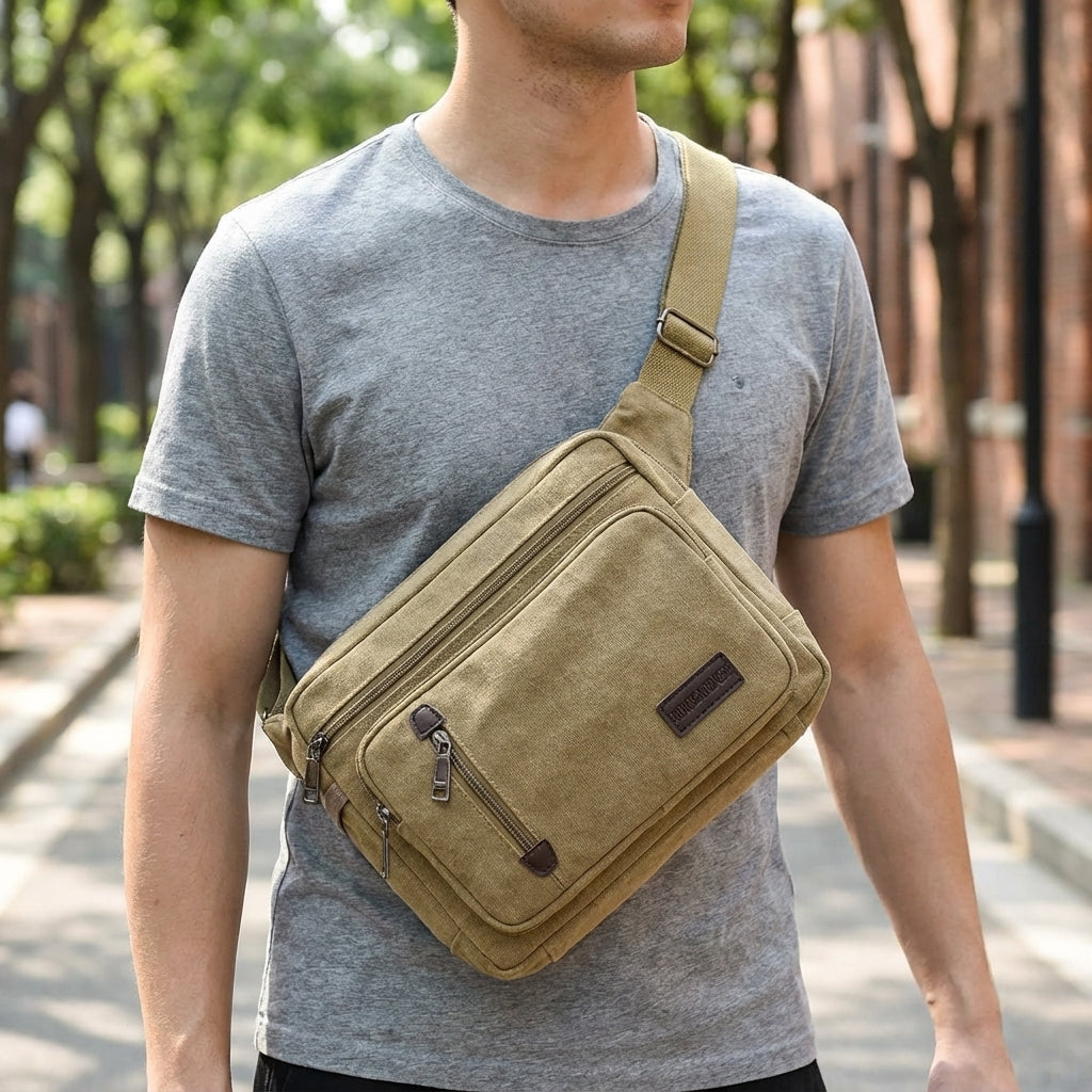 Unisex retro canvas shoulder bag in vintage style, perfect for daily carry. Durable & casual crossbody design.