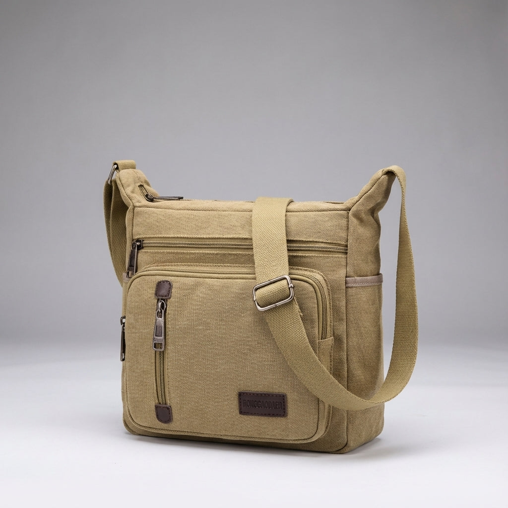 Organized retro canvas shoulder bag with multiple compartments for daily essentials. Unisex travel & carryall.