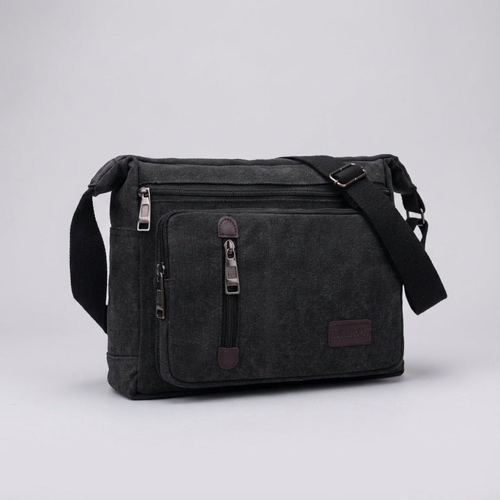 Close-up of durable canvas texture on a retro shoulder bag, showcasing vintage style and quality. Unisex & long-lasting.