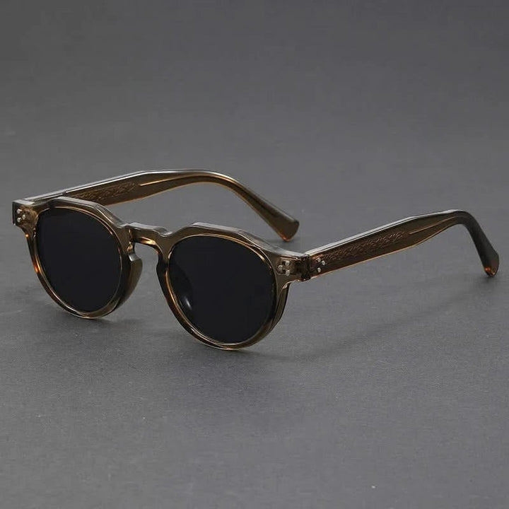 Close-up: Retro polarized unisex sunglasses frame, premium acetate, ensuring full UV protection. Fashion eyewear.
