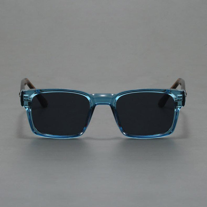 Blue tortoise unisex retro squared-frame sunglasses for UV eye protection.