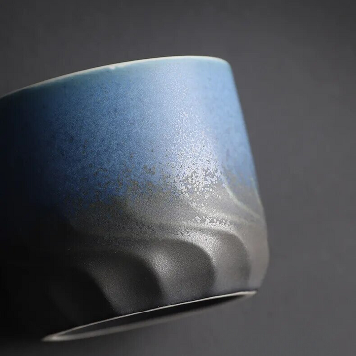 Premium Retrograde Ceramic Espresso Mug with a unique shape & natural wooden handle. Handmade coffee cup gift.