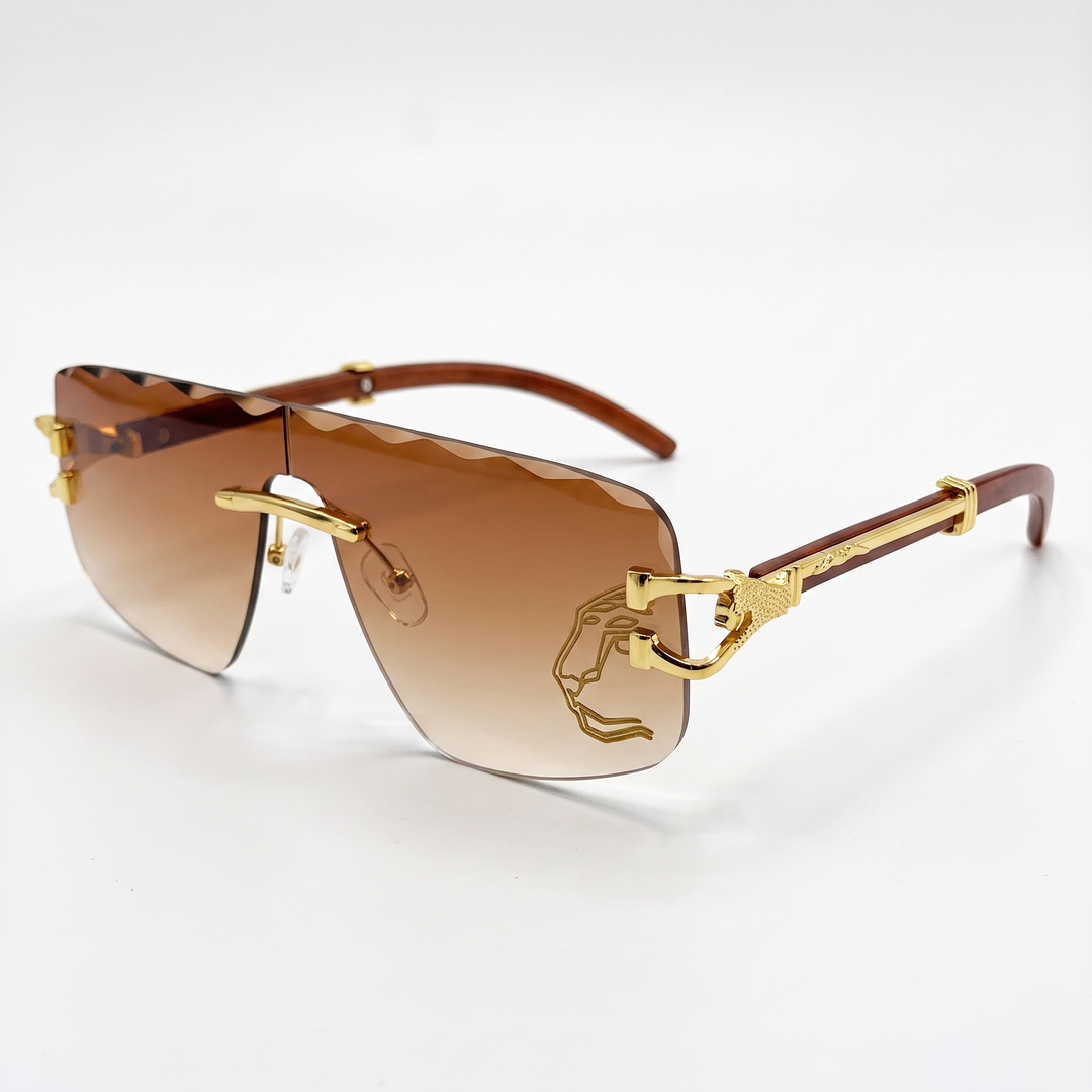 Elegant tea-colored rimless sunglasses, unisex fashion accessories with full UV protection.