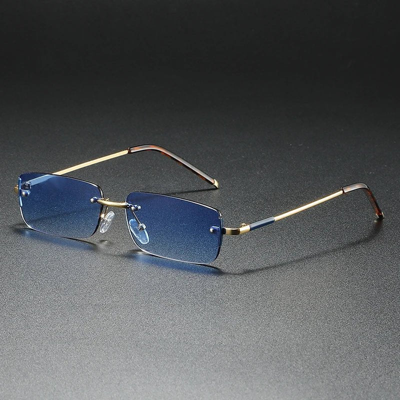 Premium rimless rectangular gradient tinted sunglasses. Unisex, gold frame, UV protection for stylish daily wear.