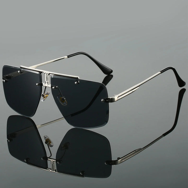 Protective unisex rimless square sunglasses for ultimate UV protection. Stylish and modern eyewear accessory.