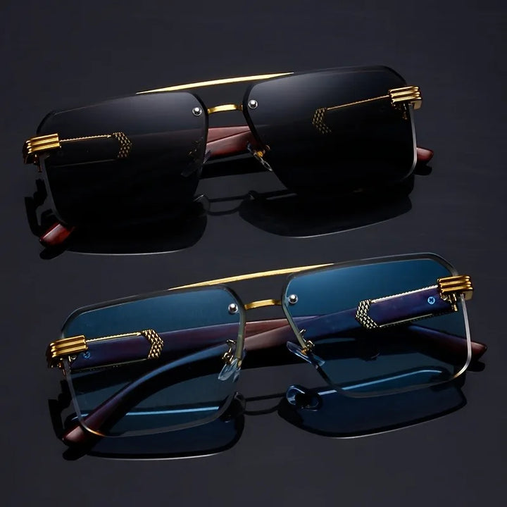 Close-up of natural wood temples on lightweight, sleek rimless sunglasses providing UV400 protection.