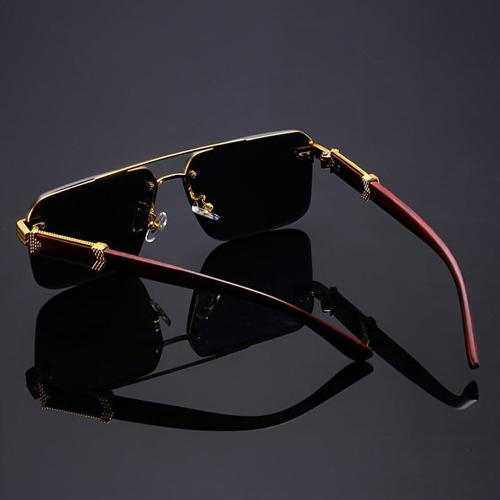 Sleek unisex rimless sunglasses featuring durable wood temples and ultimate UV400 eye protection.