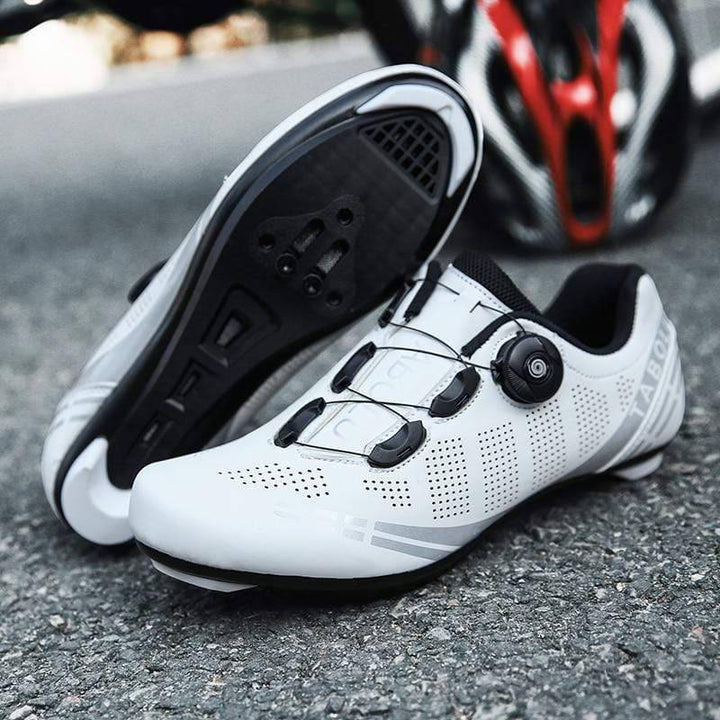 Pair of unisex black performance road cycling shoes, SPD SL compatible, with lace lock