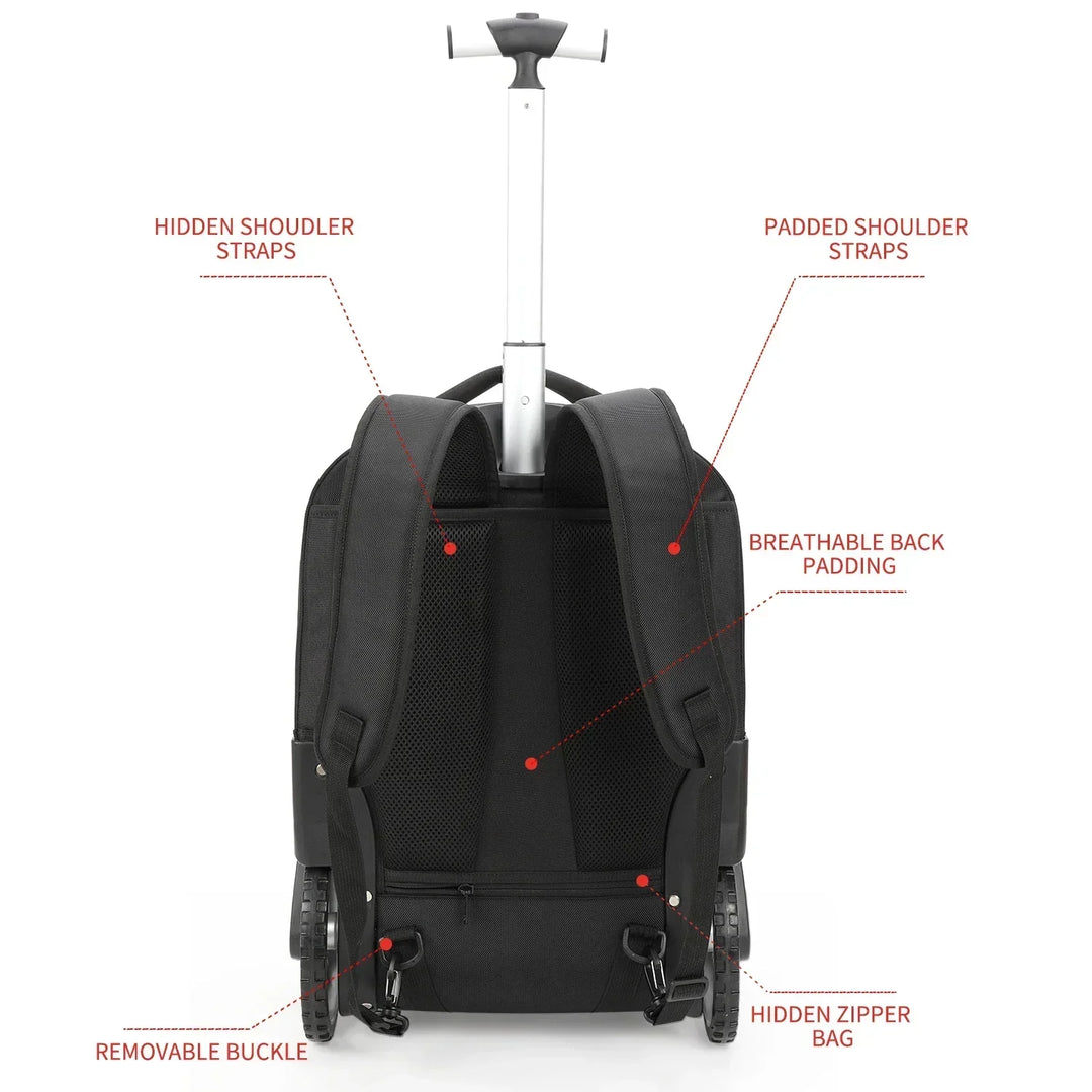 Multi-functional trolley backpack converts to shoulder bag; perfect flexible luggage for business travel.