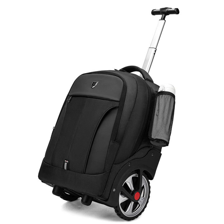 Black unisex rolling laptop backpack with multiple pockets & sturdy wheels for convenient travel & school.