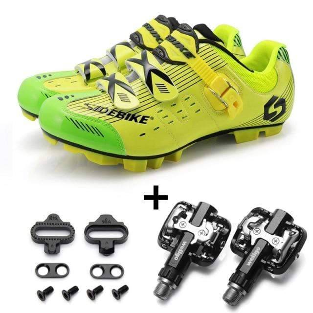 Unisex self-locking road cycling shoes, red and black, displayed with included cleat hardware for easy setup.