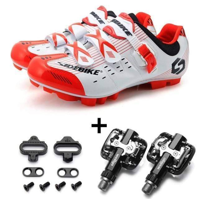 Pair of unisex durable road cycling shoes, self-locking, designed for all genders and serious athletic performance.