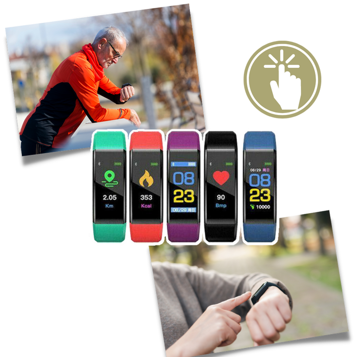 Elderly-friendly digital watch, a fitness tracker with blood pressure & heart rate monitor.