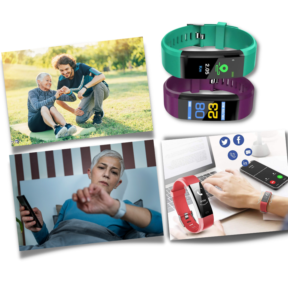 Health monitoring smartwatch for seniors, offering heart rate, blood pressure, and sleep tracking.