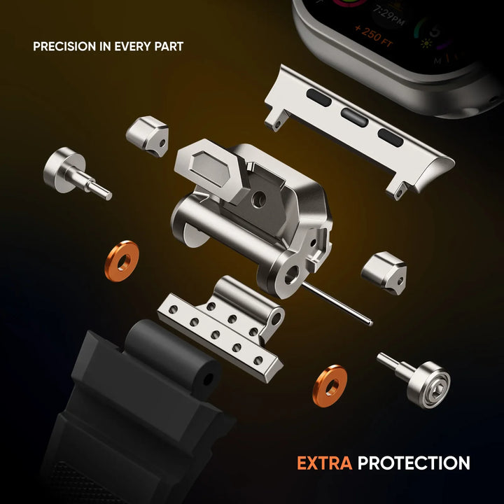 Smartwatch strap, unisex silicone, with strong mecha lugs & titanium buckle for secure fit.