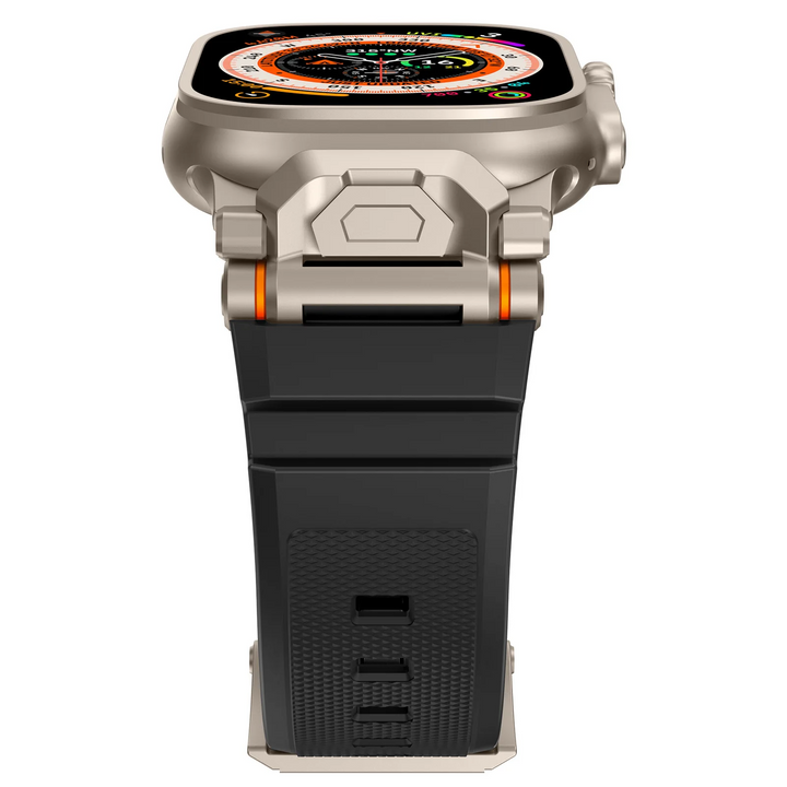 Smartwatch accessory: sleek unisex silicone strap, quick-release mecha lugs.