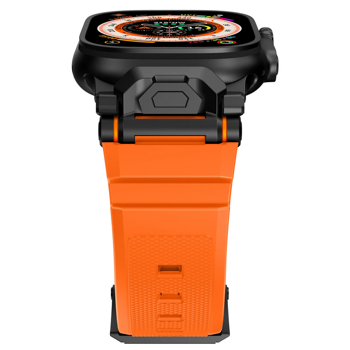 Secure titanium buckle silicone smartwatch strap, unisex, with durable mecha lugs.