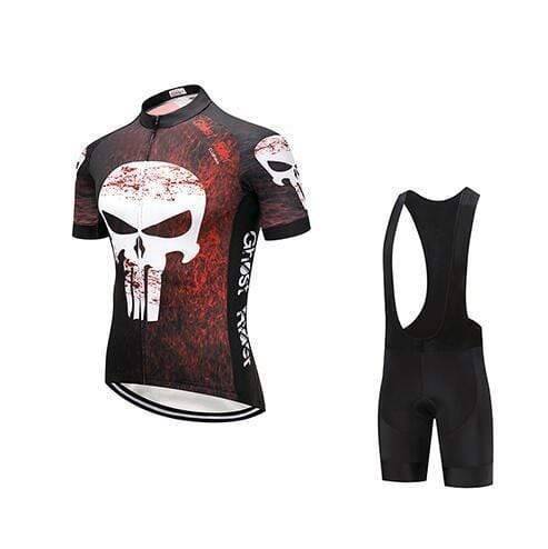 Road cycling jersey set with unique skull design, includes comfortable padded shorts