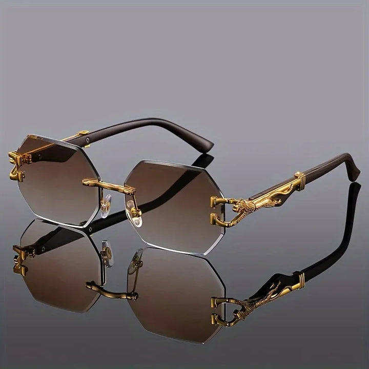 Elegant rimless polygonal sunglasses, sleek style, UV400 eye protection, unisex accessory.